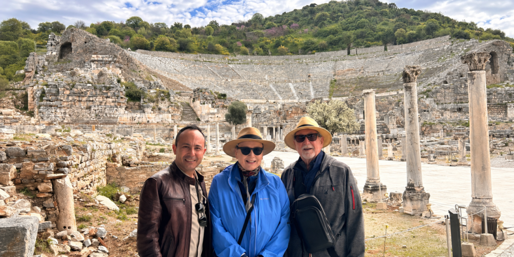 Mutlu Bulut with two guests at the Great Theatre of Ephesus
