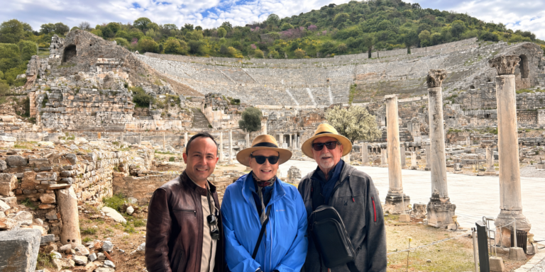 Mutlu Bulut with two guests at the Great Theatre of Ephesus
